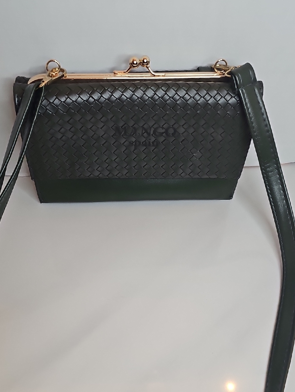 Mango Dark Green Woven Crossbody with Gold Frame